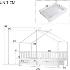 MERAX Lit Cabane Enfant à 2 Tiroirs - Lit Maison Bois Massif De Pin Blanc - Sommier Inclus - 90 X 200 Cm -Lit enfant Soldes Boutique 53584753 5