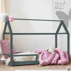 IDMARKET Lit Cabane Enfant 90 X 190 CM NESSI Gris Avec Sommier Et Barrières