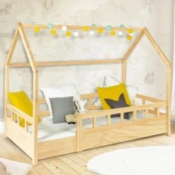 IDMARKET Lit Cabane Enfant 80 X 160 CM NEREE Bois Avec Sommier Et Barrières