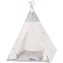 VIKING CHOICE Tente Tipi Wigwam Beige Et Gris 100% Coton H160xL120xP100 Cm Motif étoile Comprenant 2 Oreillers