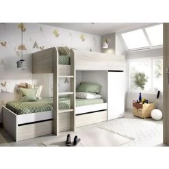 CAESAROO Lits Superposés Dalia Blanc Mat Et Chêne Gris Avec Armoire Et Deux Tiroirs | Blanc Et Gris