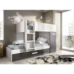 CAESAROO Lits Superposés Crystal Pour Deux Enfants Blanc Mat Et Graphite Avec Armoire | Blanc Et Graphite