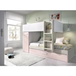 CAESAROO Lits Superposés Crystal Pour Deux Enfants Blanc Mat Rose Et Chêne Gris Avec Armoire | Blanc, Rose Et Gris