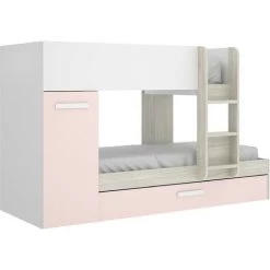 CAESAROO Lits Superposés Crystal Pour Deux Enfants Blanc Mat Rose Et Chêne Gris Avec Armoire | Blanc, Rose Et Gris -Lit enfant Soldes Boutique 54452103 3