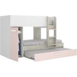 CAESAROO Lits Superposés Crystal Pour Deux Enfants Blanc Mat Rose Et Chêne Gris Avec Armoire | Blanc, Rose Et Gris -Lit enfant Soldes Boutique 54452103 4