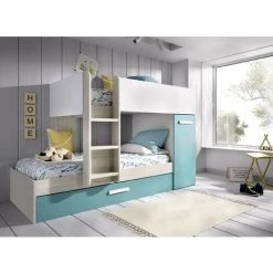 CAESAROO Lits Superposés Crystal Pour Deux Enfants Blanc Mat émeraude Et Chêne Gris Avec Armoire | Blanc, émeraude Et Gris