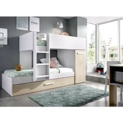 CAESAROO Lits Superposés Crystal Pour Deux Enfants Blanc Mat Et Naturel Avec Armoire | Blanc Et Naturel