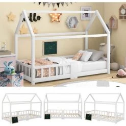 MERAX Lit Cabane Enfant Avec Barrières - Bois Pin Massif - Décor Blanc - Sommier Inclus Avec Un Tableau - 90 X 200 Cm