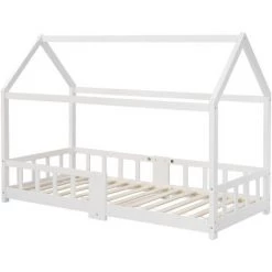 MERAX Lit Cabane Enfant Avec Barrières - Bois Pin Massif - Décor Blanc - Sommier Inclus Avec Un Tableau - 90 X 200 Cm -Lit enfant Soldes Boutique 54646284 4