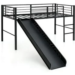COSTWAY Lit Mezzanine 198 X 96 Cm En Métal Avec 4 Garde-corps De Sécurité,Echelle à 2 Marches Et Toboggan Matelas Non Inclus Noir