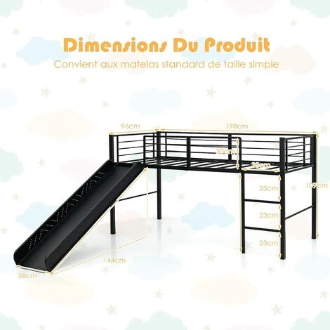 COSTWAY Lit Mezzanine 198 X 96 Cm En Métal Avec 4 Garde-corps De Sécurité,Echelle à 2 Marches Et Toboggan Matelas Non Inclus Noir 5 COSTWAY Lit Mezzanine 198 X 96 Cm En Métal Avec 4 Garde-corps De Sécurité,Echelle à 2 Marches Et Toboggan Matelas Non Inclus Noir – Image 5
