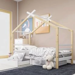 FORTUNA LAI Lit Cabane Enfant 90x200 Cm - Avec 2 Tiroirs, Sommier à Lattes En Bois Massif - Convient Aux Chambres D'enfants Et D'ados - Beige