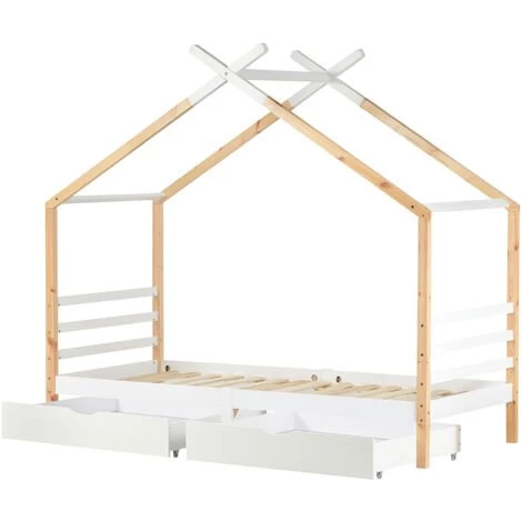 FORTUNA LAI Lit Cabane Enfant 90x200 Cm - Avec 2 Tiroirs, Sommier à Lattes En Bois Massif - Convient Aux Chambres D'enfants Et D'ados - Beige 3 FORTUNA LAI Lit Cabane Enfant 90x200 Cm - Avec 2 Tiroirs, Sommier à Lattes En Bois Massif - Convient Aux Chambres D'enfants Et D'ados - Beige – Image 3