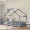 FORTUNA LAI Lit Cabane Enfant 90 X 200 Cm - Avec Toit Et Clôture En Bois De Pin - Gris