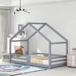 FORTUNA LAI Lit Cabane Enfant 90 X 200 Cm - Avec Toit Et Clôture En Bois De Pin - Gris -Lit enfant Soldes Boutique 55510321 3