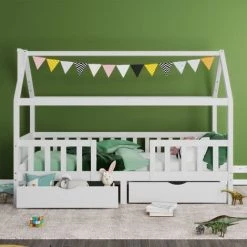 FORTUNA LAI Lit Cabane Enfant 90 X 200 Cm Avec 2 Tiroirs Cadre De Lit En Pin Massif Avec Sommier à Lattes Et Toit Blanc