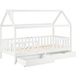 FORTUNA LAI Lit Cabane Enfant 90 X 200 Cm Avec 2 Tiroirs Cadre De Lit En Pin Massif Avec Sommier à Lattes Et Toit Blanc -Lit enfant Soldes Boutique 55577015 3