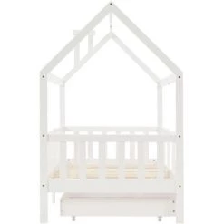 FORTUNA LAI Lit Cabane Enfant 90 X 200 Cm Avec 2 Tiroirs Cadre De Lit En Pin Massif Avec Sommier à Lattes Et Toit Blanc -Lit enfant Soldes Boutique 55577015 4