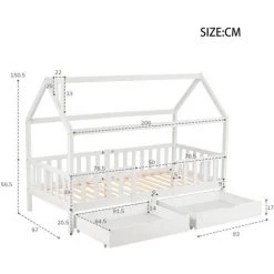 FORTUNA LAI Lit Cabane Enfant 90 X 200 Cm Avec 2 Tiroirs Cadre De Lit En Pin Massif Avec Sommier à Lattes Et Toit Blanc -Lit enfant Soldes Boutique 55577015 5