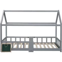 AZKOEESY Lit Cabane En Bois Pour Enfants 90 X 200 Cm Avec Tableau Noir, Gris (sans Matelas)