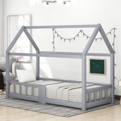 AZKOEESY Lit Cabane En Bois Pour Enfants 90 X 200 Cm Avec Tableau Noir, Gris (sans Matelas) -Lit enfant Soldes Boutique 55848021 3