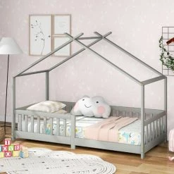 AZKOEESY Lit Cabane 90x200 En Bois Massif Sans Matelas Avec Clôture Et Sommier à Lattes