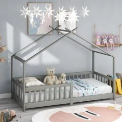 AZKOEESY Lit Cabane 90x200 En Bois Massif Sans Matelas Avec Clôture Et Sommier à Lattes -Lit enfant Soldes Boutique 55848032 4