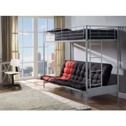 VENTE-UNIQUE.COM Lit Mezzanine MODULO IV - 90 X 190 Cm - Avec Banquette Convertible - Métal - Argent - Argenté