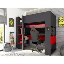 VENTE-UNIQUE.COM Lit Mezzanine Gamer NOAH Avec Bureau Et Rangements Intégrés - 90 X 200 Cm - Avec LEDs - Anthracite Et Rouge - Gris Anthracite, Rouge
