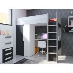 VENTE-UNIQUE.COM Lit Mezzanine NICOLAS II - 90 X 200 Cm - Avec Armoire Et Bureau - Anthracite Et Blanc - Gris Anthracite, Blanc