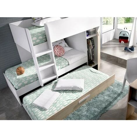 VENTE-UNIQUE.COM Lits Superposés Avec Tiroir Lit Gigogne ANTHONY Avec Rangements 3 X 90 X 190 Cm - Blanc Et Chêne 3 VENTE-UNIQUE.COM Lits Superposés Avec Tiroir Lit Gigogne ANTHONY Avec Rangements 3 X 90 X 190 Cm - Blanc Et Chêne – Image 3
