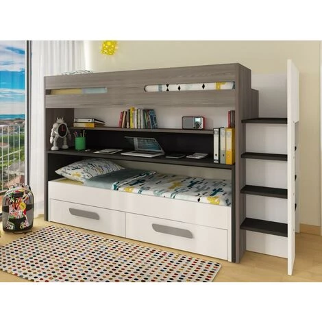 VENTE-UNIQUE.COM Lits Superposés DAVID - 90 X 190 Et 90 X 200 Cm - Avec Rangements, Lit Et Bureau Coulissants - Gris, Blanc Et Anthracite - Gris, Blanc 4 VENTE-UNIQUE.COM Lits Superposés DAVID - 90 X 190 Et 90 X 200 Cm - Avec Rangements, Lit Et Bureau Coulissants - Gris, Blanc Et Anthracite - Gris, Blanc – Image 4