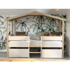 VENTE-UNIQUE.COM Lit Cabane SAROSI Avec Tiroirs - 90 X 190 Cm - Tilleul - Blanc Et Chêne - Naturel Clair, Blanc