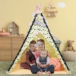 GOPLUS Tipi/Tente Indienne,Tipi Enfant Avec Tapis Rembourré , Grande Maison De Jeu Pliable Solides Intérieure Et Extérieure En Toile En Coton Tente De Jeu Pour Enfants(Beige) -Lit enfant Soldes Boutique 55943216 4