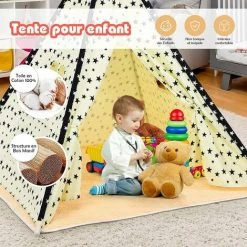 GOPLUS Tipi/Tente Indienne,Tipi Enfant Avec Tapis Rembourré , Grande Maison De Jeu Pliable Solides Intérieure Et Extérieure En Toile En Coton Tente De Jeu Pour Enfants(Beige) -Lit enfant Soldes Boutique 55943216 5