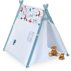 Relaxdays Tente De Jeu Enfants, Motif Chiens, Tipi Pour Enfants, HxLxP : 130x111x137 Cm, Intérieur, Blanc Turquoise