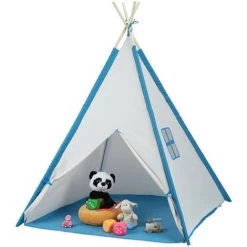 Relaxdays Tente Pour Enfants En Forme De Tipi, H X L X P : 154 X 124 X 124 cm, Pour Intérieur Et Extérieur, Blanc & Bleu