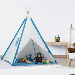 Relaxdays Tente Pour Enfants En Forme De Tipi, H X L X P : 154 X 124 X 124 cm, Pour Intérieur Et Extérieur, Blanc & Bleu -Lit enfant Soldes Boutique 57026496 3