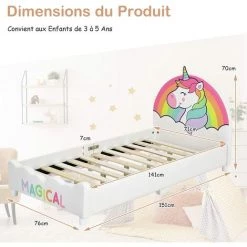 COSTWAY Lit Pour Enfant Avec Lattes 153x77x70cm En Bois 4 Pieds Réglables Matelas 140 X 70cm(non-inclus) Licorne -Lit enfant Soldes Boutique 57054538 5