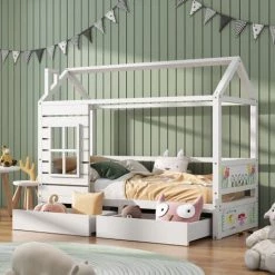 AOMMO Lit Simple Pour Enfants Garçons Et Filles, Cadre De Lit Maison En Bois Avec 2 Tiroirs 200 X 90 Cm Blanc