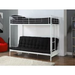 VENTE-UNIQUE.COM Lit Mezzanine MODULO IV - 90 X 190 Cm - Avec Banquette Convertible - Métal - Blanc + Futon Noir 135 X 190 Cm - Blanc