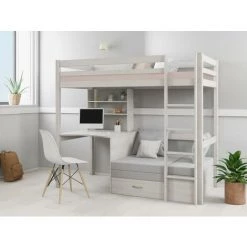 VENTE-UNIQUE.COM Lit Mezzanine GOLIATH II Avec Bureau, Sofa Convertible Et Rangements - 90 X 200 Cm - Pin Massif - Blanchi - Blanc -Lit enfant Soldes Boutique 57216777 5