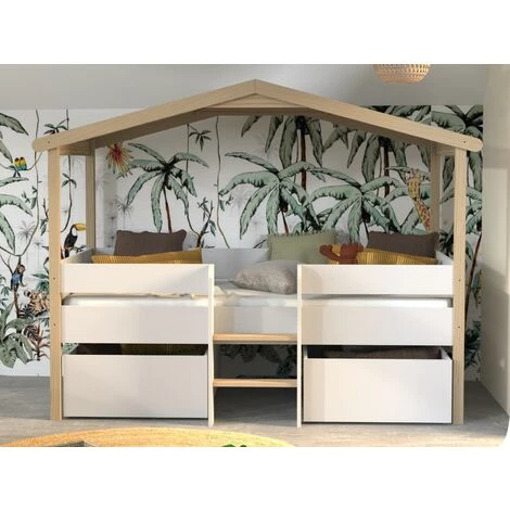 VENTE-UNIQUE.COM Lit Cabane SAROSI Avec Tiroirs - 90 X 190 Cm - Tilleul - Blanc Et Chêne + Matelas - Naturel Clair, Blanc 2 VENTE-UNIQUE.COM Lit Cabane SAROSI Avec Tiroirs - 90 X 190 Cm - Tilleul - Blanc Et Chêne + Matelas - Naturel Clair, Blanc – Image 2