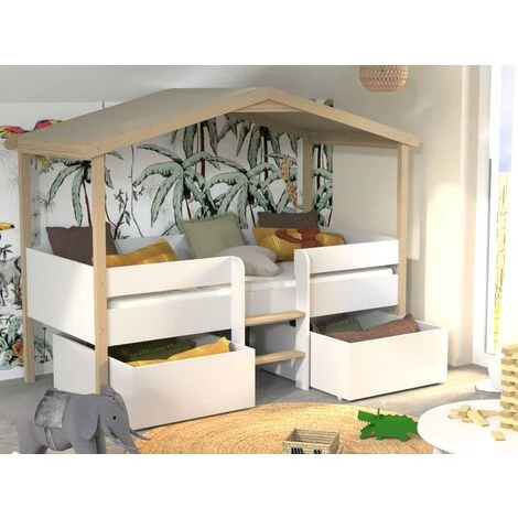 VENTE-UNIQUE.COM Lit Cabane SAROSI Avec Tiroirs - 90 X 190 Cm - Tilleul - Blanc Et Chêne + Matelas - Naturel Clair, Blanc 3 VENTE-UNIQUE.COM Lit Cabane SAROSI Avec Tiroirs - 90 X 190 Cm - Tilleul - Blanc Et Chêne + Matelas - Naturel Clair, Blanc – Image 3