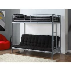 VENTE-UNIQUE.COM Lit Mezzanine MODULO IV - 90 X 190 Cm - Avec Banquette Convertible - Métal - Argent + Futon Noir 135 X 190 Cm - Argenté