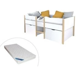 VENTE-UNIQUE.COM Lit Mi-hauteur SISSY - 2 Tiroirs - 90 X 190 Cm - Blanc Et Chêne + Matelas - Blanc