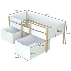 VENTE-UNIQUE.COM Lit Mi-hauteur SISSY - 2 Tiroirs - 90 X 190 Cm - Blanc Et Chêne + Matelas - Blanc -Lit enfant Soldes Boutique 57217166 5
