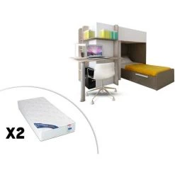 VENTE-UNIQUE.COM Lits Superposés SAMUEL - 2x90x190cm - Bureau Intégré - Pin Blanc Et Marron + 2 Matelas - Marron, Blanc