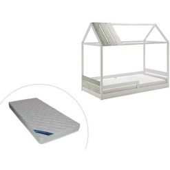 VENTE-UNIQUE.COM Lit Cabane INDIANA - 90 X 190 Cm - MDF Et Pin - Blanc + Matelas - Blanc