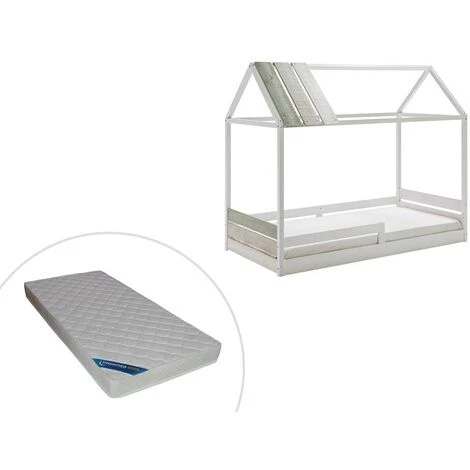 VENTE-UNIQUE.COM Lit Cabane INDIANA - 90 X 190 Cm - MDF Et Pin - Blanc + Matelas - Blanc 1 VENTE-UNIQUE.COM Lit Cabane INDIANA - 90 X 190 Cm - MDF Et Pin - Blanc + Matelas - Blanc